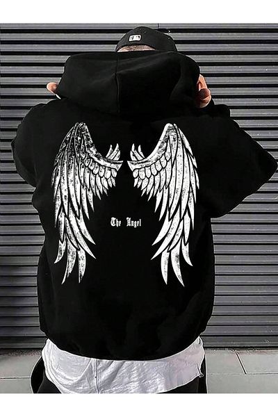 Black Sokak Men's Black Oversize Hooded Sweatshirt - The Angel Printed