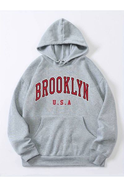 NOFLEN Унисекс сив суитшърт с качулка и щампа Brooklyn