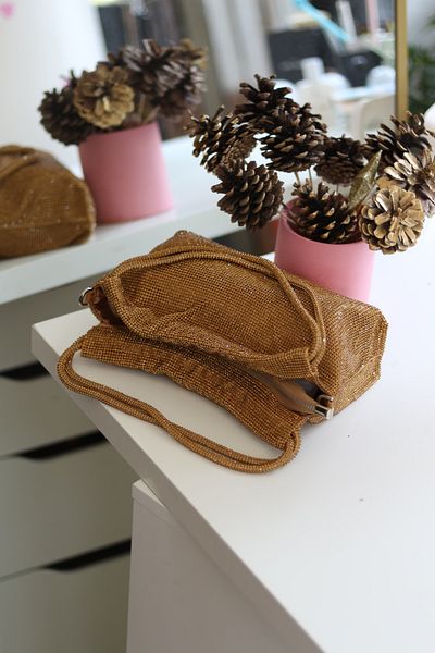 Moom Bag Geantă pentru rochie de seară pentru femei aurie - mâner dublu, brodat cu piatră