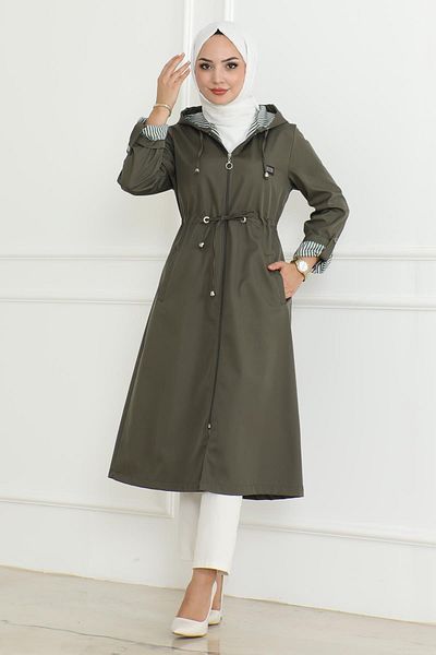 Modamihram Khaki Hooded Zippered Trench Coat - 19205