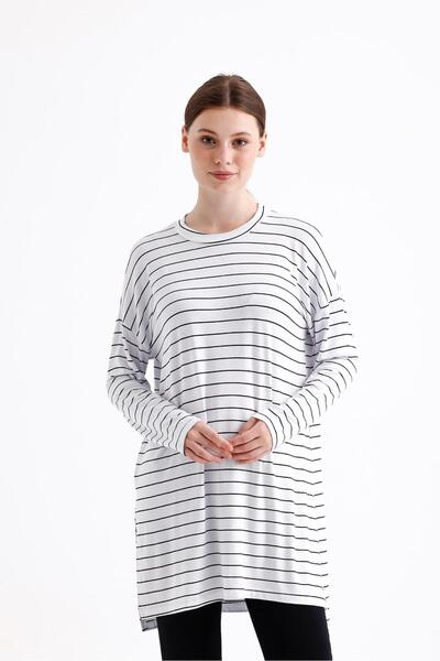 Millano πολυτελής ποιότητα, λευκό ριγέ, χτενισμένο βαμβακερό τουνίκ.