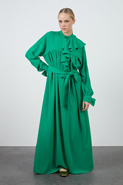 GİZİA İşleme Detaylı Volanlı Yeşil Elbise