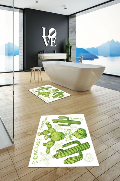 EY HOME Set de scaune de toaletă cu covor dublu de baie, lavabil, imprimat, cu model de cactus, KLOZET-23-ALB,