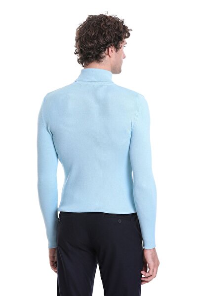 Hatemoğlu Mavi Slim Fit Fitilli Balıkçı Yaka Yünlü Triko Kazak
