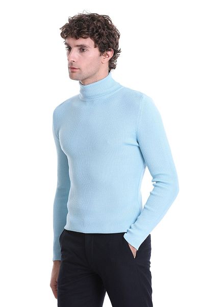 Hatemoğlu Pulover albastru din lână cu gât cu nervuri slim fit