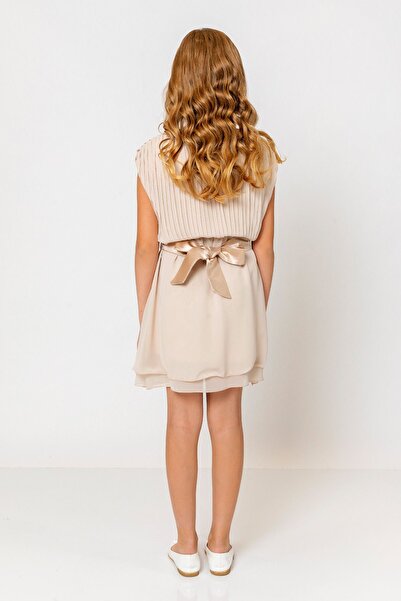 incity Girl's Round Neck Belted Pleated Dress