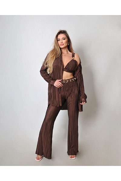 ByRanaBuyuk Brown 3-Piece Pleat Set
