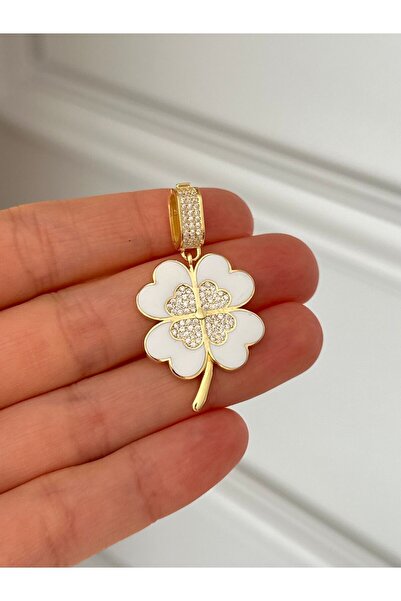 emy by emel luxury silver jewelry Altın Kaplama Beyaz Mineli Büyük Yonca Koly...