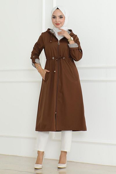 Modamihram Tan 19205 - Hooded and Zippered Trench Coat