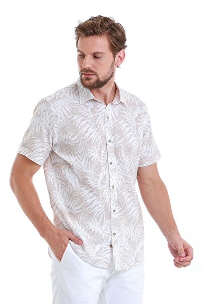 Hatemoğlu Μπεζ Comfort Fit εμπριμέ 100% βαμβακερό κοντομάνικο πουκάμισο με λεπτή λαιμόκοψη