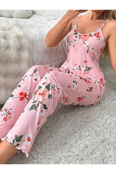 MEYLİYA Powder Flower Printed Women's Suspender Pajamas Suit Elegant Stylish