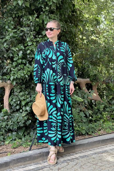 AYASOFYA OTANTIK Loose Long Sleeve Black Turquoise Buttoned Long Women's Dress