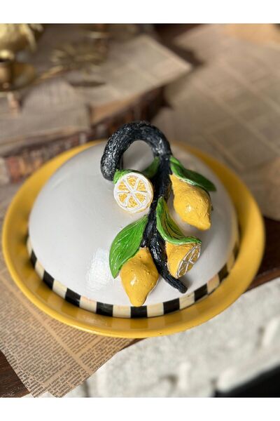 Handmadesign Lemon Handmade Dimensional Ceramic Presentation Jar with Lid Fan Mackenzie Lemon Pattern Yellow 19 cm