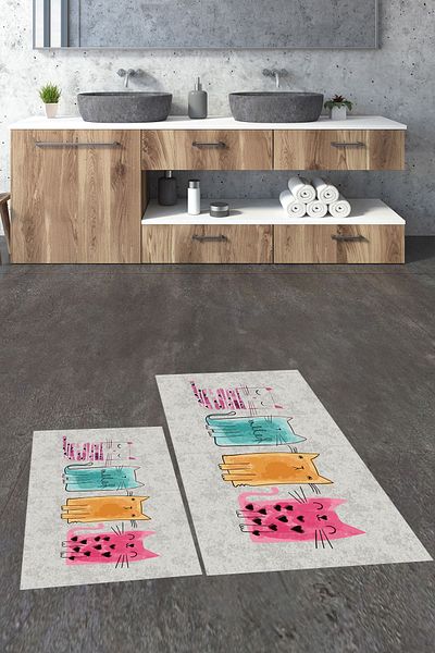 EY HOME Set de scaune de toaletă cu model de pisici colorate, lavabile, imprimate, KLOZET-41-GRI,