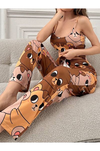 MEYLİYA costum de pijama de damă cu bretele cu imprimeu bigbear nuanțe de cafea