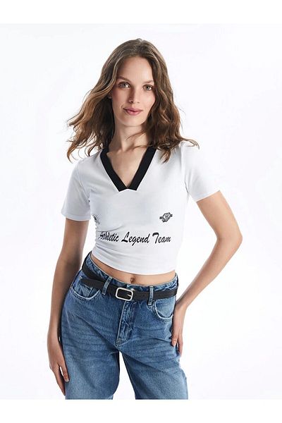 LC Waikiki LCW Vision - Bedrucktes Crop-Top mit V-Ausschnitt für Damen