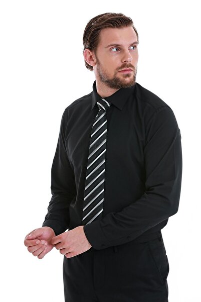 Hatemoğlu Black Slim Fit Patterned Slim Collar Cotton Long Sleeve Shirt