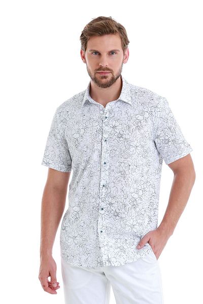 Hatemoğlu Μπλε Navy Comfort Fit εμπριμέ 100% βαμβακερό κοντομάνικο πουκάμισο με λεπτή λαιμόκοψη