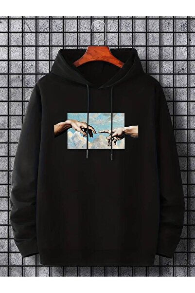 NOFLEN سويت شيرت بقلنسوة كبير الحجم مطبوع يدويًا للجنسين