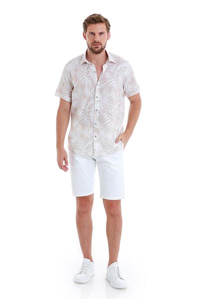 Hatemoğlu Μπεζ Comfort Fit εμπριμέ 100% βαμβακερό κοντομάνικο πουκάμισο με λεπτή λαιμόκοψη