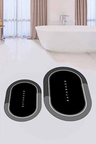 EY HOME Ψηφιακό τυπωμένο πλενόμενο σετ τουαλέτας με γραπτό οβάλ χαλάκι μπάνιου, OKLZT-1-BLACK,