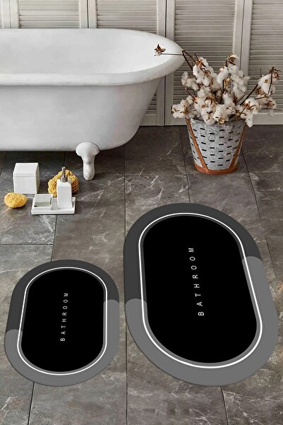 EY HOME Ψηφιακό τυπωμένο πλενόμενο σετ τουαλέτας με γραπτό οβάλ χαλάκι μπάνιου, OKLZT-1-BLACK,