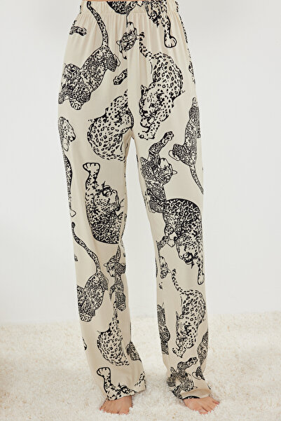 Trendyol Collection Cream Tiger Patterned Rope Strap Viscose Woven Pajamas Set Thmss24Pt00127