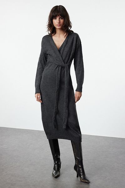 Trendyol Collection Midi Length Anthracite Knitwear Dress - Soft Texture, Double Breasted Collar, Tie-Up Twoaw21El0260