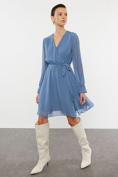 Trendyol Collection Rochie mini țesătă la două piepte Indigo - cu brâu, TWOAW20EL0789