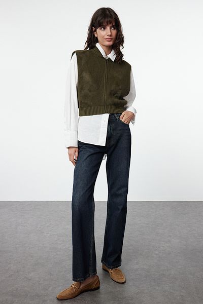 Trendyol Collection Khaki Knitwear Crop Vest - Zippered, Basic Model TWOAW23HI0015
