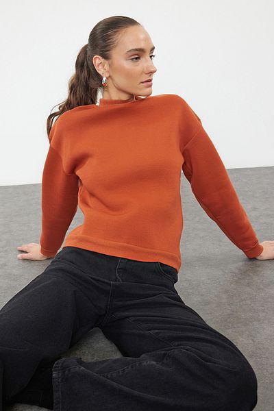 Trendyol Collection Ziegelfarbenes Fleece-Sweatshirt mit Stehkragen und bequemer Passform – TWOAW20SW0584