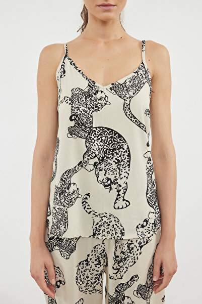 Trendyol Collection Cream Tiger Patterned Rope Strap Viscose Woven Pajamas Set Thmss24Pt00127