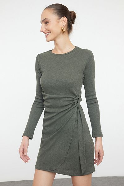 Trendyol Collection Rugalmas vezetékes khaki mini kötött ruha - testhez simuló, TWOAW25EL00209