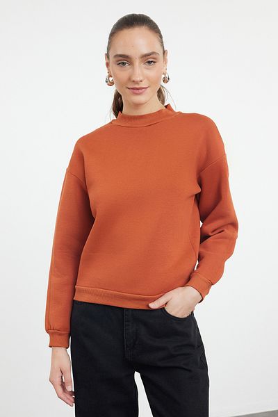 Trendyol Collection Ziegelfarbenes Fleece-Sweatshirt mit Stehkragen und bequemer Passform – TWOAW20SW0584