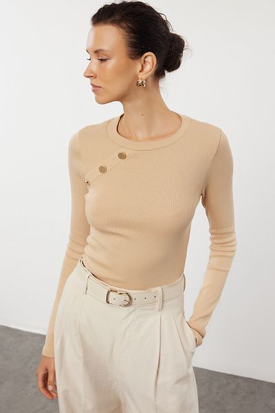 Trendyol Collection Πλεκτή μπλούζα Flexible Mink Colored - Raglan μανίκι, Snap λεπτομέρεια, εφαρμοστό σώμα TWOAW25BZ00017