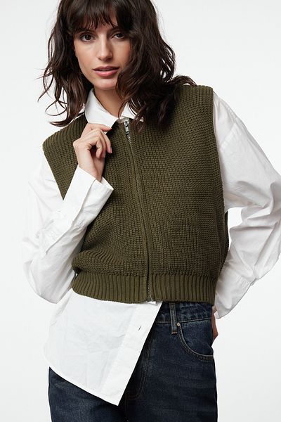 Trendyol Collection Khaki Knitwear Crop Vest - Zippered, Basic Model TWOAW23HI0015