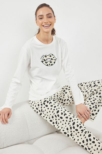Trendyol Collection 100% bavlna Bílá-vícebarevná sada pyžama na rty a leopardí vzor THMAW25PT00079