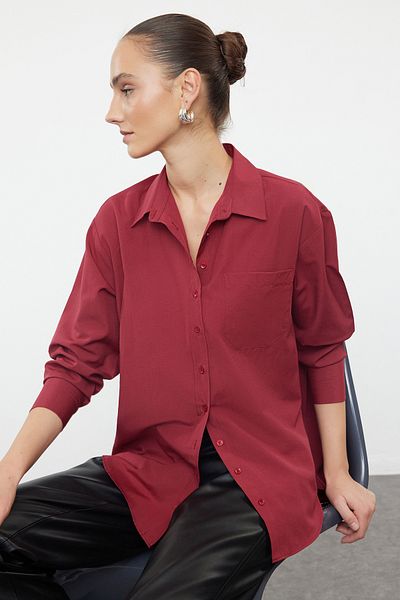 Trendyol Collection Sötétvörös pamut szőtt - széles szabású egyzsebű ing TWOAW20GO0115