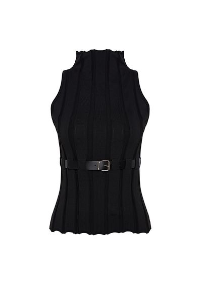Trendyol Collection Schwarzer Strickpullover in limitierter Auflage mit Schlitz und detailliertem Gürtel TWOAW25SV00033