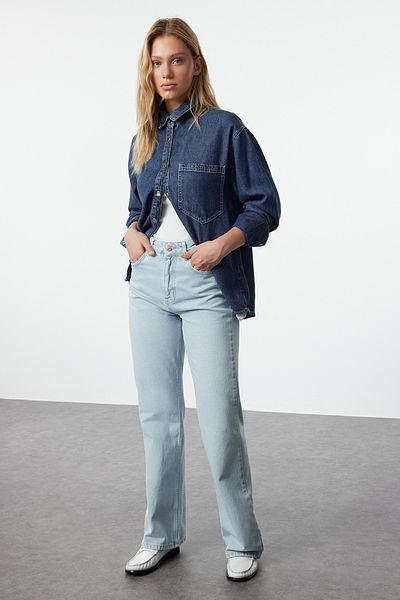 Trendyol Collection Blugi albaștri cu talie înaltă și picioare late - TWOAW25JE00108