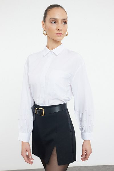 Trendyol Collection Перламутрова детальна екрю сорочка оверсайз з широким рукавом-баллон TWOAW25GO00038