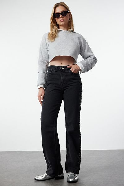 Trendyol Collection Czarne dżinsy z szerokimi nogawkami i wysokim stanem - Troc Szczegółowe TWOAW25JE00052