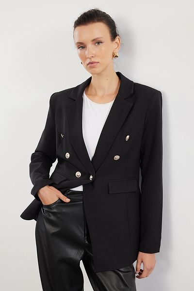 Trendyol Collection Schwarze gewebte Blazerjacke - tailliert, mit Knopfdetail und gefüttert, TWOAW25BC00021
