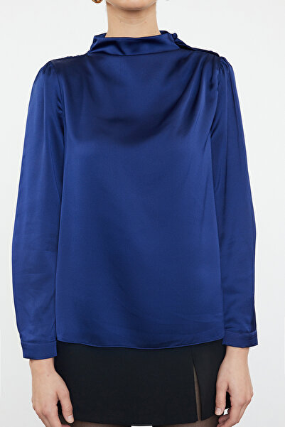 Trendyol Collection Szatén szőtt sötétkék blúz - vállrészlet, TWOAW23BZ00412