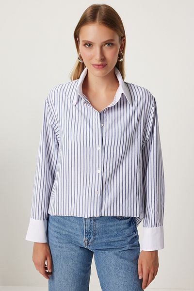 Happiness İstanbul Cămașă oversize pentru femei cu dungi în contrast alb și gri - FN03246