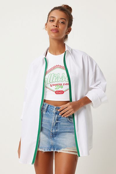 Happiness İstanbul Cămașă oversize albă verde - dungi contrastante, fermoar FN03263