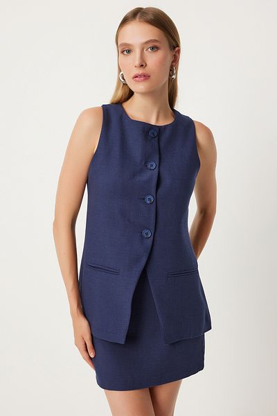 Happiness İstanbul Navy Blue Fleto Detailed Women's Vest - Long Woven FN03239