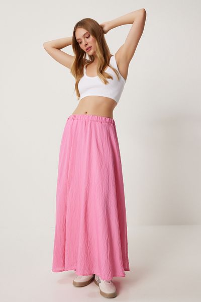 Happiness İstanbul Langer Damenrock aus Leinenmischung mit Volant in Rosa - DP00209