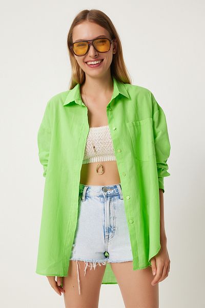 Happiness İstanbul Grünes Oversize-Hemd – Einzeltasche, Vibrant Summer-Modell FN03244