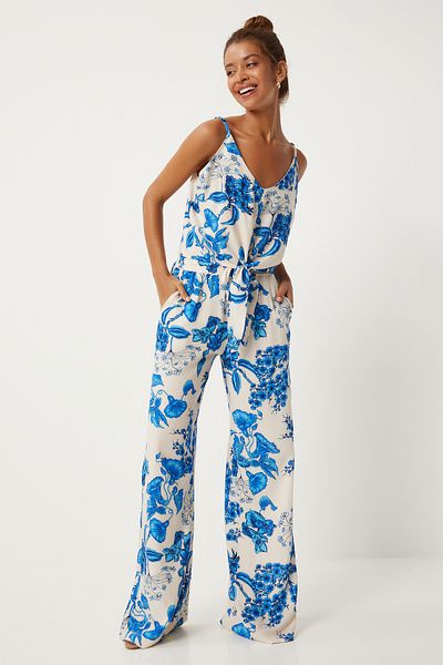Happiness İstanbul Blue Ecru Patterned Viscose Women's Blouse and Palazzo Pants Set - FN03251